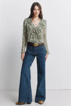 Blouse &agrave; volants imprim&eacute;e en gaze