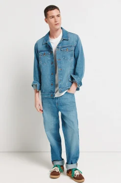 Blouson en denim d&eacute;lav&eacute; moyen fonc&eacute;