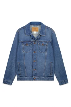 Blouson en denim d&eacute;lav&eacute; moyen fonc&eacute;