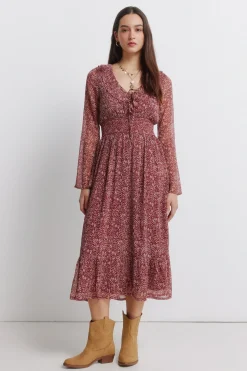 Robe midi imprimé avec décolleté à volant
