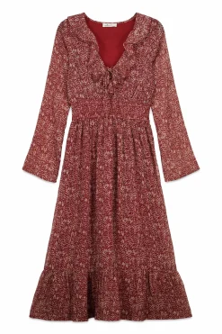 Robe midi imprim&eacute; avec d&eacute;collet&eacute; &agrave; volant